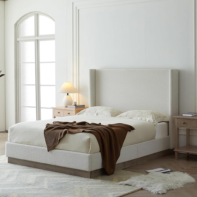 Queen Size Upholstered Bed Frame, 53" Tall Headboard Hosford Wingback Bed Frames, Wood Base Floor Platform Beds, No Box Spring Needed No Noise, Rusticity Minimalist, Cream White Boucle