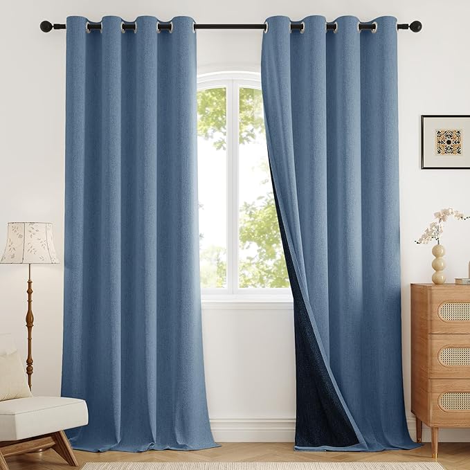 100% Blackout Curtains 102 inch Length 2 Panels for Living Room, Linen-Look Textured Room Darkening Thermal Insulated Soundproof Farmhouse Drapes for Bedroom (W52xL102, Blue)