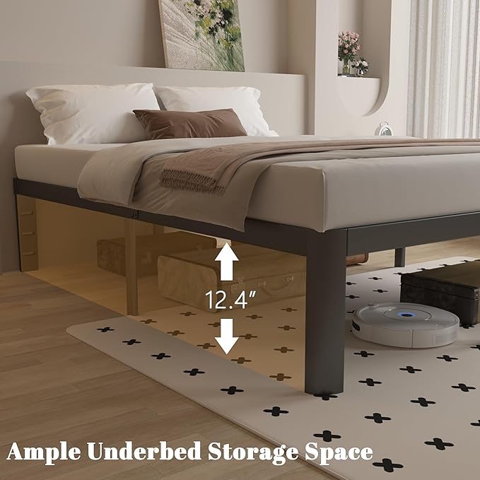 14 Inch Queen Bed Frame with Metal Gaskets, Black Bed Frame Queen Size No Box Spring Needed, Heavy Duty Steel Platform Support, Round Corner Design, Noise Free, Storage Space, Easy Assembly