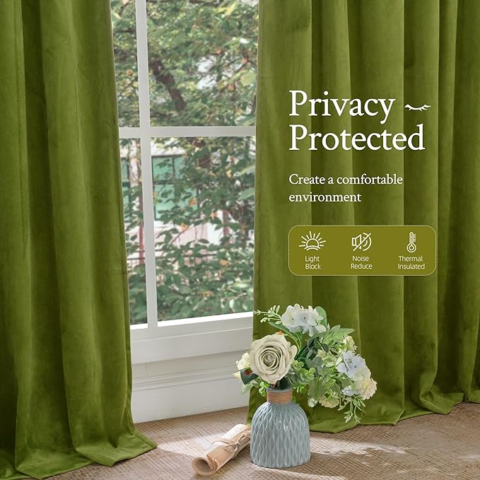LAMIT Moss Green Velvet Curtains 108 Inch for Living Room, Vintage Thermal Insulated Blackout Panels Super Soft Back Tab and Rod Pocket Window Drapes for Bedroom, 2 Panels, 52 x 108 Inch