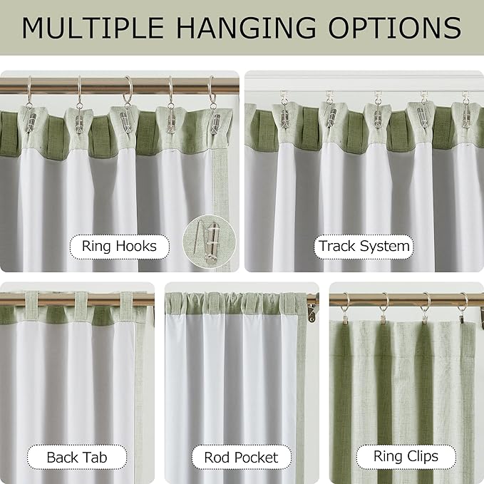 Vision Home Green Linen Full Blackout Curtains for Bedroom Living Room Darkening Soundproof Window Curtains 112 inch Thermal Insulated Rod Pocket Back Tab Linen Drapes 2 Panels 56" Wx112 L