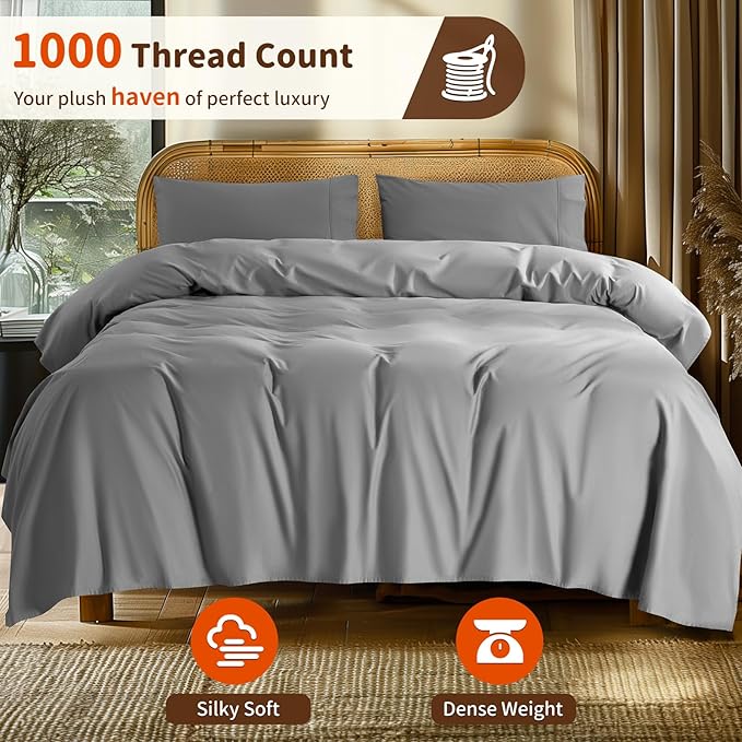 LBRO2M 100% Cotton Sheets Set Deep Pocket 24", 1000 Thread Count Queen Size 4 Piece Bed Sheet Sets Soft Comfortable Bedding All Season (Queen, Gray)