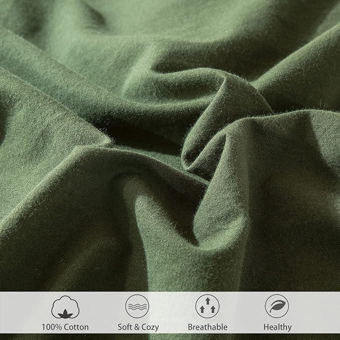 MooMee Fitted Bottom Sheet Only 100% Washed Cotton Linen Like Textured Breathable Durable Soft Comfy Deep Pocket Fits Mattress up to 17" (Olive Green, King)