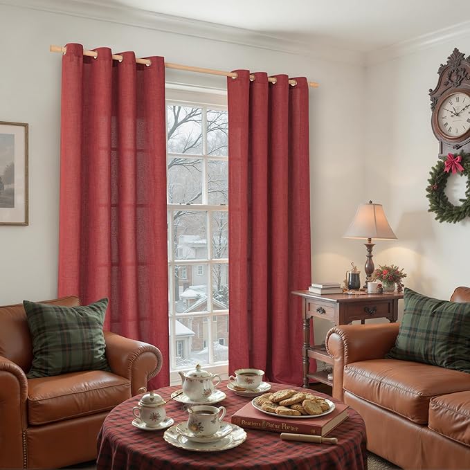 YoungsTex Red Linen Curtains 84 Inch Length for Living Room, Light Filtering Drapes Semi Sheer with Bronze Grommet Privacy for Bedroom, 52 x 84 Inch, 2 Panels
