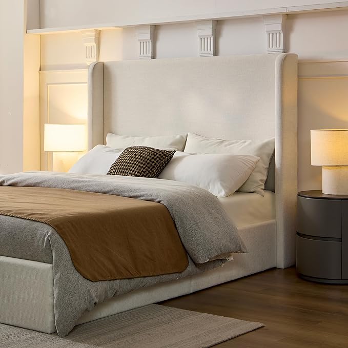 Upholstered Bed Frame Queen Size, 54" High Headboard Platform Beds Caron Tall Wingback Bed Frames, Box Spring Request/No Noise/Simplicity Minimalist, Textured Ivory Canvas Chenille
