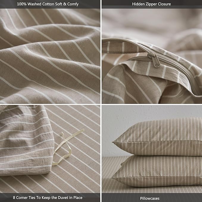 MooMee Striped Duvet Cover Set 100% Washed Cotton Linen Like Textured Breathable Durable Soft Comfy (Tannish Linen Grey White Wide Stripes, Alaska King 132"x120")