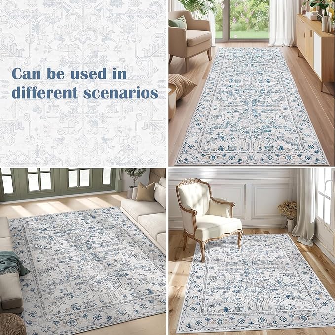 jinchan Lima Runner Rug 2x12 Long Hallway Runner Rug Thin Vintage Washable Kitchen Carpet with Rubber Backing Floral Print Floor Cover Indoor Laundry Room Bedroom Stairway (2x12ft, Blue)