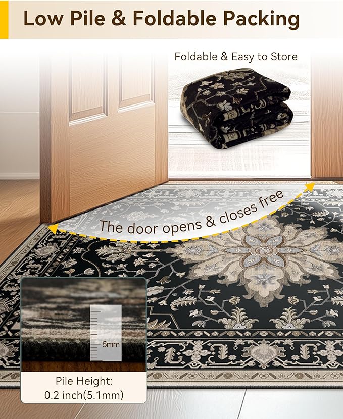 Area Rugs 3'x8' Washable Non-Slip, Floral Vintage Distress Print Pattern Medallion Carpet for Living Room Bedroom Dining Room, Black Brown Neutral Dark Tan