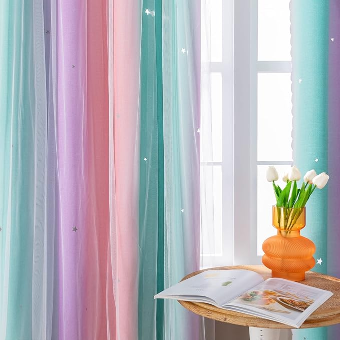XiDi Dream Star Blackout Curtains for Kids Rooms Girl Princess Curtain for Daughter Bedroom Window (Pink Purple Green, W52 X L84)