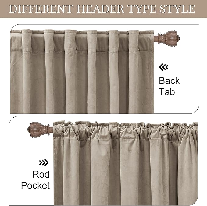 RYB HOME Camel Beige Velvet Curtains 102 inches, Back Tab Soft Fabric Room Darkening Thermal Insulated Luxurious Home Decor Curtains for Living Room Bedroom, W 52" x L 102", 2 Panels Set