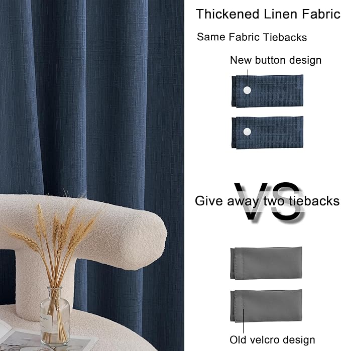 Jacquard Linen Curtains 72 inch Length 2 Panels Thick Faux Linen Blended Window Drapes Burlap Textured Curtains with Grommet for Living Room Bedroom Farmhouse (52x72 Navy) Natural