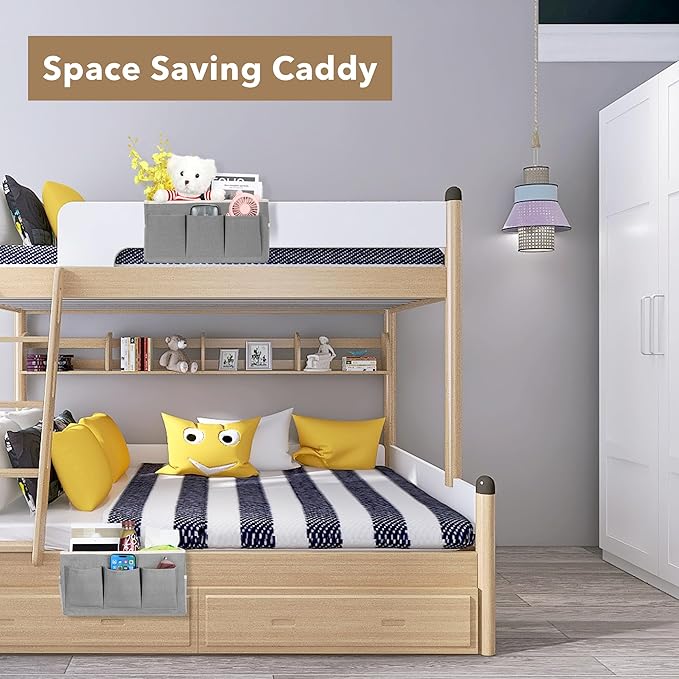Kanrichu 3-Piece Bedside Caddy Storage Organizer with Pockets for Bedrooms, Loft Beds & Top Bunk Beds (Gray)