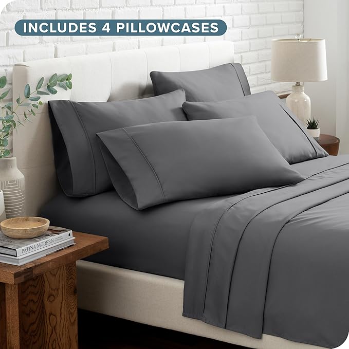 Bare Home Hotel Luxury Split King Sheet Set, Extra Soft - 7 Piece Set - Deep Pockets - Easy Fit - Cooling & Breathable - Wrinkle, Fade, Stain Resistant - Includes 4 Pillowcases (Split King, Grey)