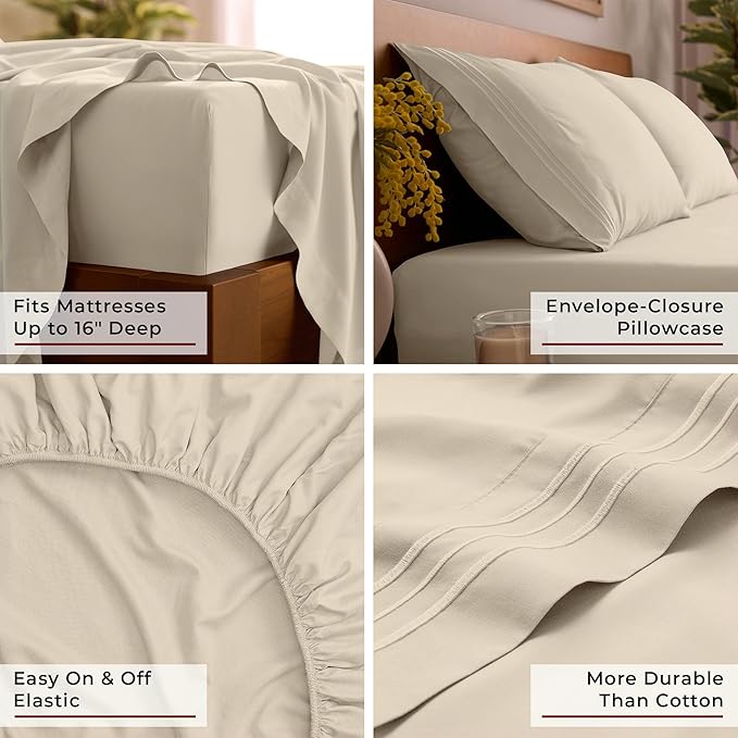 Mellanni Split King Sheet Set - 7-Piece Iconic Collection Bedding, (Including 4 Pillowcases), 16-Inch Deep Pocket, Easy Care, Extra Soft, Cooling Sheets, Brushed Microfiber - Beige