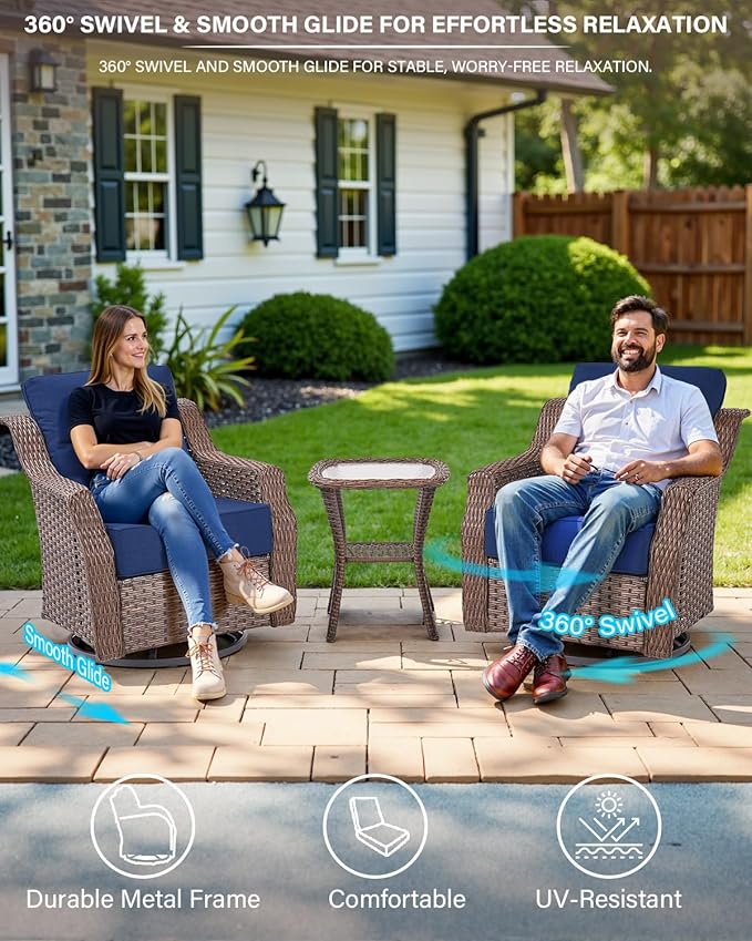 Belord 6" Thick Cushion Outdoor Swivel Rocker Patio Chairs Set of 2,3 Piece Wicker Patio Bistro Set with Side Table and Comfort High Back Outdoor Patio Glider Chair Brown Wicker/Blue Cushion