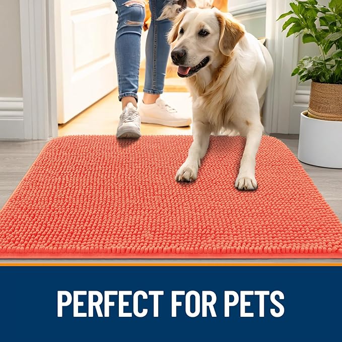 OLANLY Dog Door Mat for Muddy Paws 30x17, Absorbs Moisture and Dirt, Absorbent Non-Slip Washable Doormat, Quick Dry Chenille Mud Mat for Dogs, Entry Indoor Entryway Carpet for Inside Floor, Coral