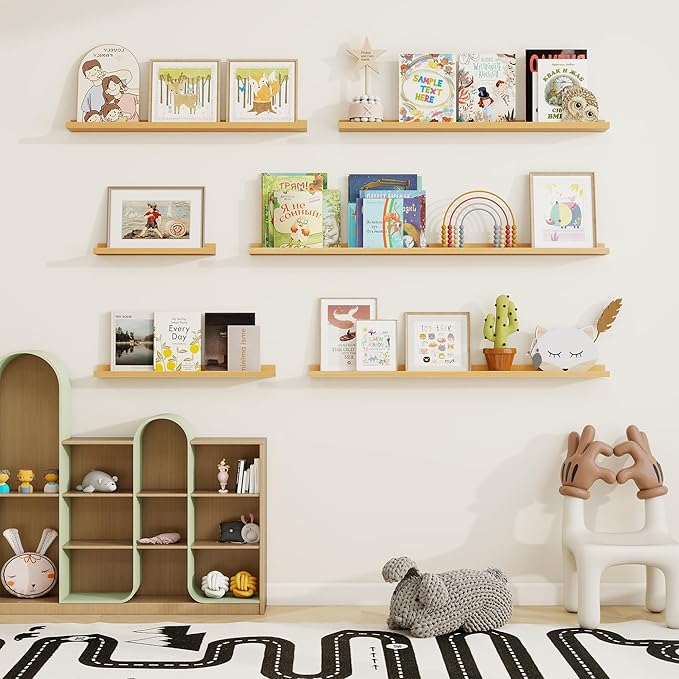 Picture Ledge Shelf, Solid Pine Wood Floating Shelves Set of 2, 40 Inches Nursery Book Shelves for Toys Storage, Kids Bookshelf Wall Mounted for Living Room Bedroom Decor Books Photo Frames, Natural