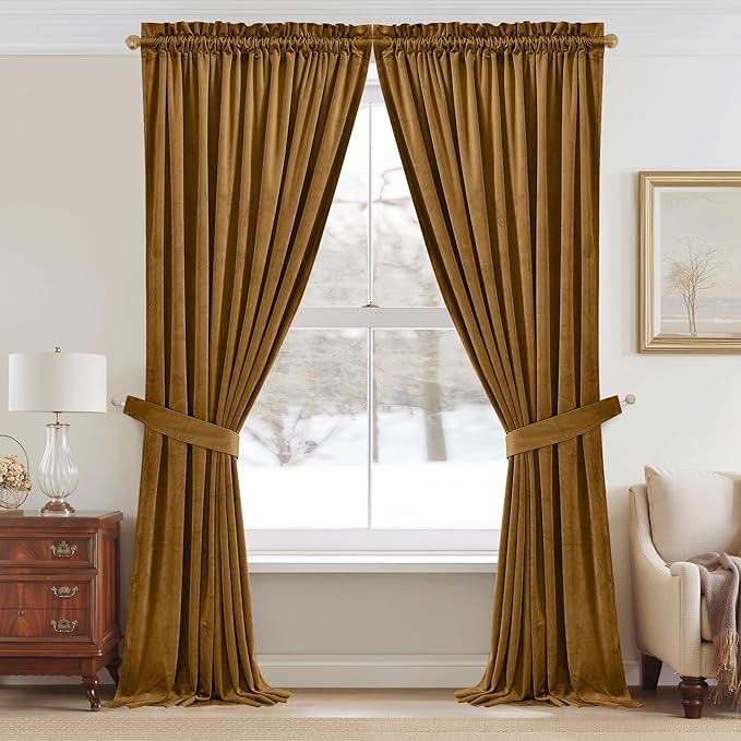 StangH 108 inches Long Gold Brown Velvet Curtains for Bedroom Windows, Thermal Insulated Light Blocking Room Divider Curtains for Sliding Door/Office, W52 x L108, 2 Panels