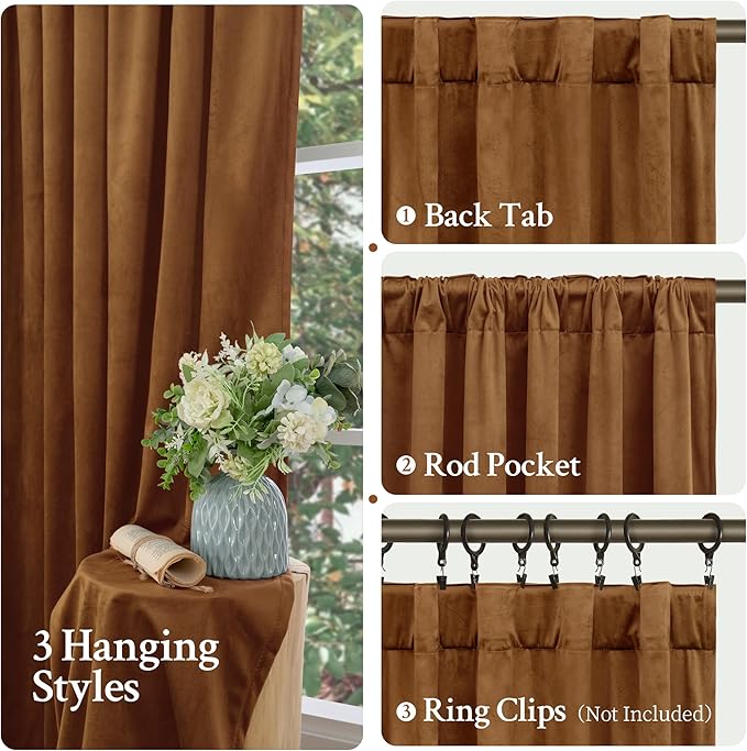 LAMIT 90 Inches Velvet Panels for Living Room, Bronze Brown Thermal Blackout Curtains Room Darkening Back Tab and Rod Pocket Panels for Mid Century Decor Bedroom, 2 Panels, 52 x 90 Inch