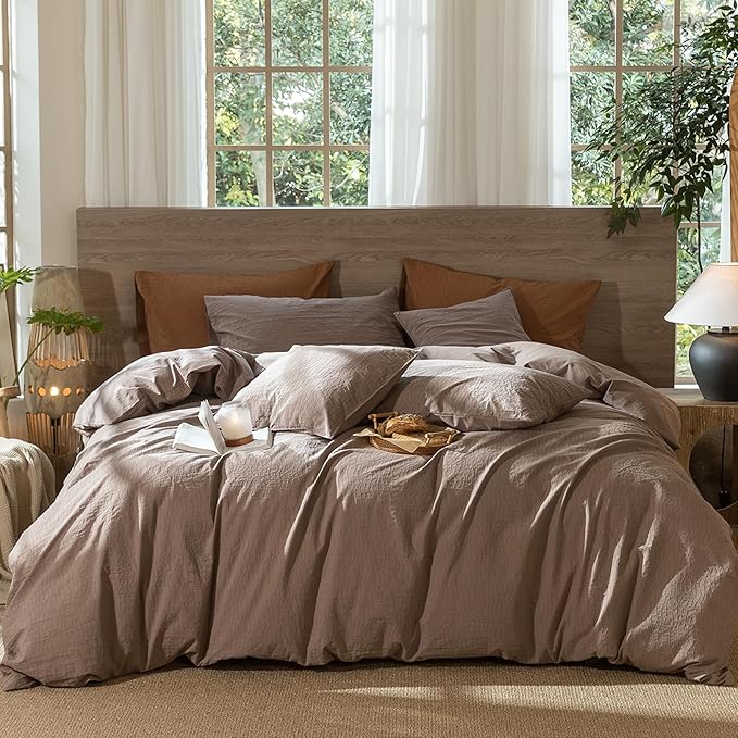 MooMee Wavy Striped Duvet Cover Set 100% Washed Cotton Linen Like Textured Breathable Durable Soft Comfy (Brown, Full 80"x90")