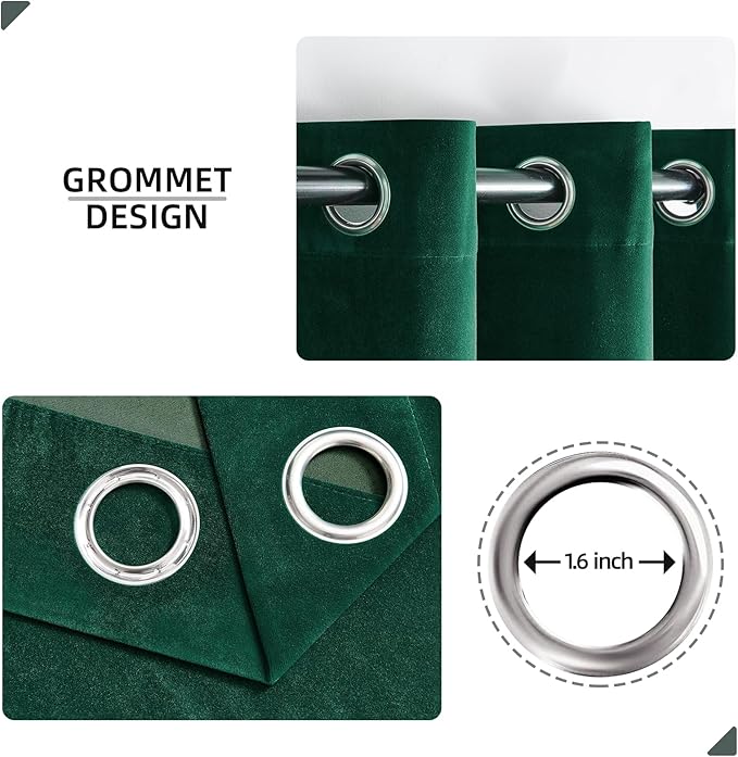 Joydeco Dark Green Velvet Curtains 96 Inches Long, Luxury Grommet Blackout Curtain 2 Panels, Thermal Insulated Privacy Room Darkening Window Drapes for Bedroom Living Room Home Theatre (52Wx96L)