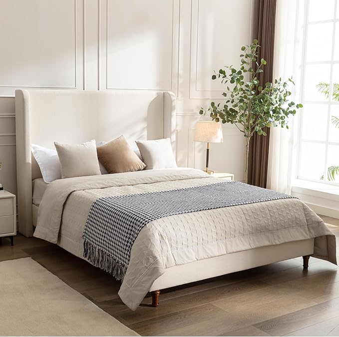 King Size Upholstered Bed Frame, Harper 54" Tall Headboard Platform Beds, Wingback Headboard Bedframes/No Box Spring Needed/Easy Assembly/Elegant Simplicit, Beige Boucle