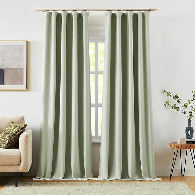 Vision Home Light Green Linen Full Blackout Curtains 90 inch Long for Bedroom Living Room Darkening Soundproof Window Panels Thermal Insulated Rod Pocket Back Tab Neutral Drapes 56" Wx90 Lx2
