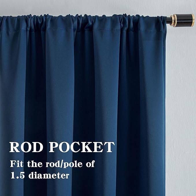 Blackout Curtains 96 Inch Length 2 Panels Set, Black Out Curtains for Bedroom 96 Inch Long, Rod Pocket Energy Saving Room Darkening Drapes for Living Room Window Navy Blue(W52 x L96)