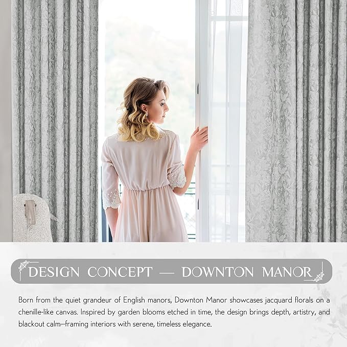 Beauoop Grey Floral Jacquard Blackout Curtains 96 Inches Long 2 Panels for Bedroom Living Room Gray Flower Chenille Room Darkening Thermal Insulated Soundproof Grommet Window Treatments Drapes, 52x96