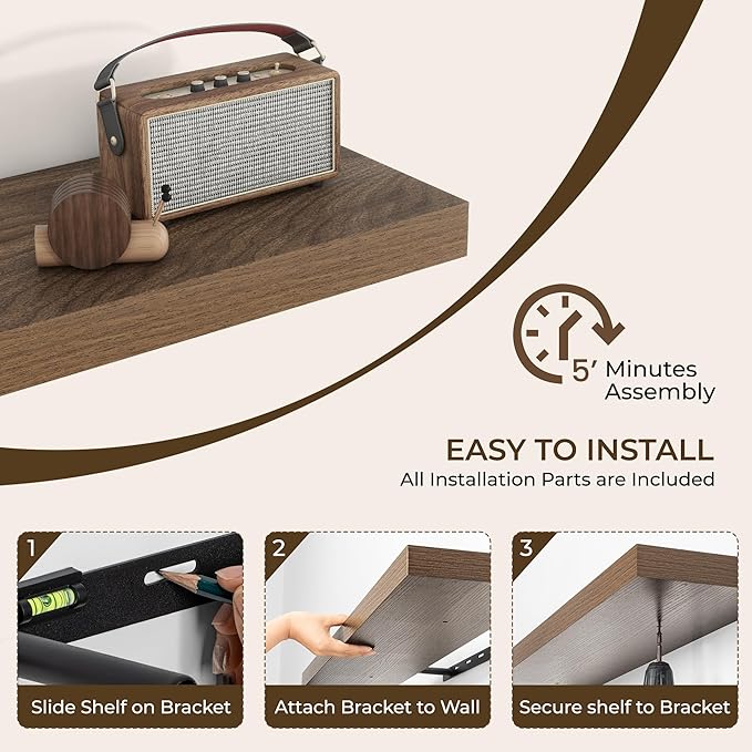 RICHFOCUS 40Inch Floating Shelves for Wall 2 Pack Shelves for Bedroom|Kitchen|Bathroom Wall Mounted Rustic Wood Floating Shelf with Invisible Brackets for Books|Storage|Decor, Walnut
