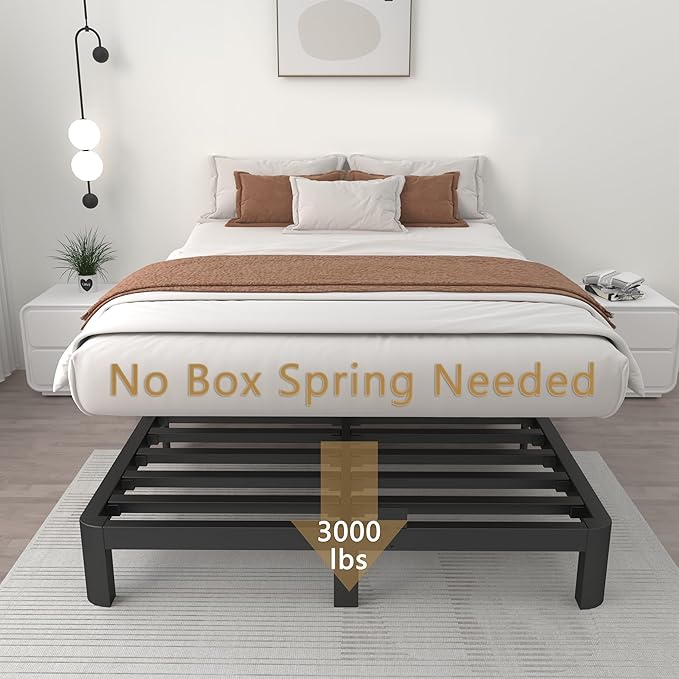 ITIMIDI 4 Inch Queen Bed Frame No Box Spring Needed, Platform Bed Frame with Metal Gaskets, Heavy Duty Steel Slat Support, Anti-Slip Mattress Stopper, Round Corner Leg, Easy Assembly, Black