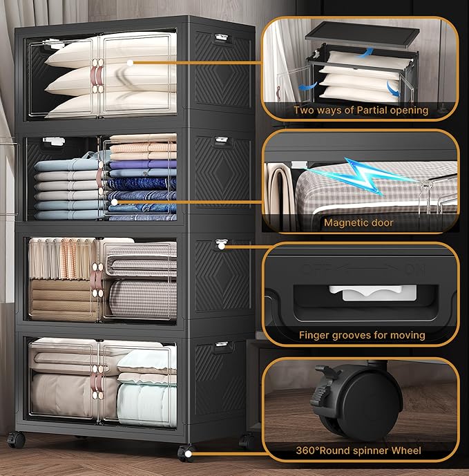 Extra Large Stackable Storage Bins with Lids&Wheels,1320QT-165QT/41GAL*8Pack Collapsible Container Closet Organizers,Plastic Stackable Storage drawers for bedroom Dorm