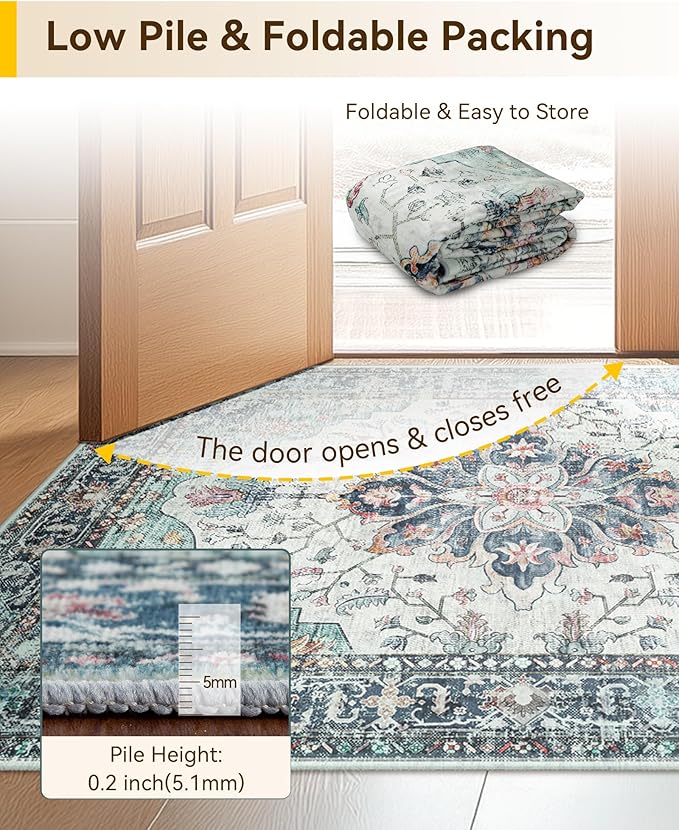Area Rugs 5ft Washable Non-Slip, Floral Vintage Distress Print Pattern Medallion Carpet for Living Room Bedroom Dining Room, Green Navy Blue White Red Teal Colorful