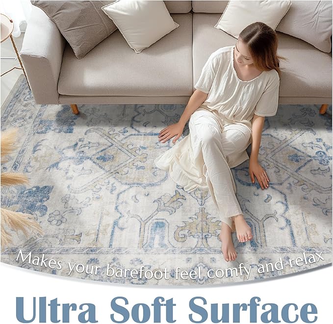 jinchan Hallway Runner Rug 2x10 Machine Washable - Vintage Floral Non-Slip Low-Pile Soft Ultra-Thin Faux Wool Kitchen Rug Distressed Carpet Runner for Farmhouse Bedroom Laundry Room (2x10ft, Blue)