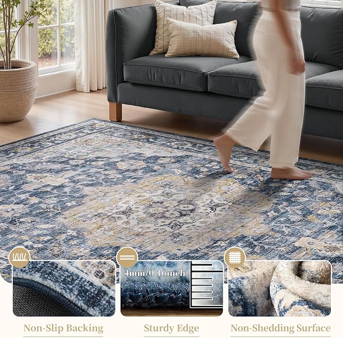 PADOOR 8X10 Area Rug,Rugs for Living Room,Soft Blue Rugs for Bedroom,Machine Washable Rug Non Slip Carpet for Dining Room Living Room Bedside Office