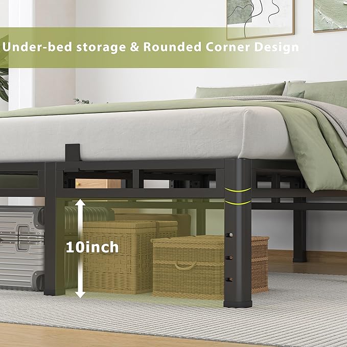 NKZ King Size Bed Frame 14 Inch, Metal Bed Frame & Box Spring 2 in 1 Platform with Round Corner Legs, 4000lbs Weight Capacity Reinforced Metal Frame, Headboard Hole, Noise-Free, Easy Assembly