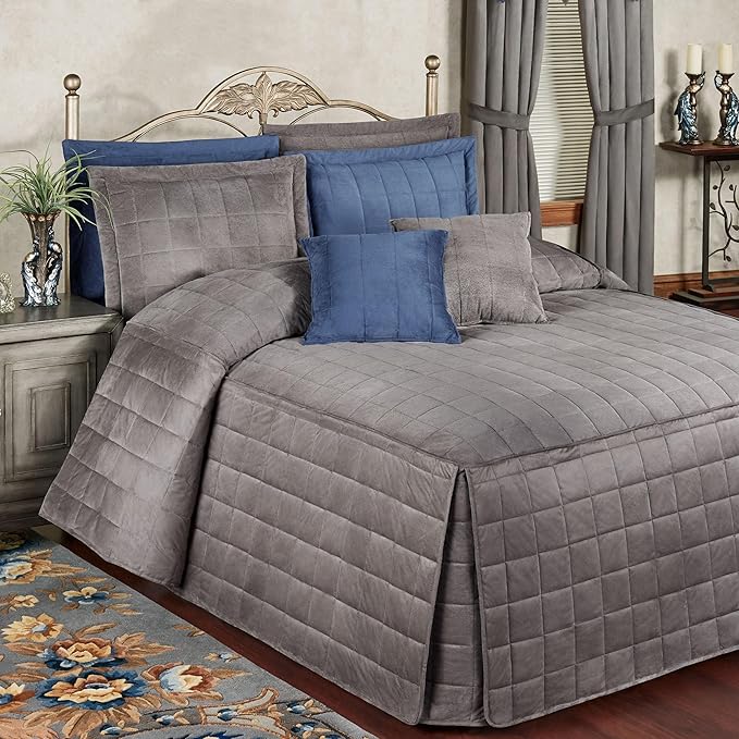 Touch of Class Camden Luxury Bedding | Neutral Charcoal Gray Color | Grande Fitted Bedspread | Faux Suede Box Quilted Design | Designed 3 Piece Set Includes Full Bedspread and 2 Standard Shams