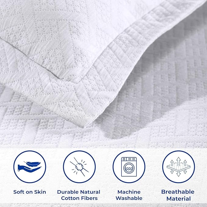 Superior 3 Piece Basketweave Cotton Bedspread Set, Home Bed Decor, Decorative Bed Spread, 2 Pillow Shams, Medium Weight Blanket, Matelasse Coverlet Bedding, Geometric Lattice Pattern, Queen, White