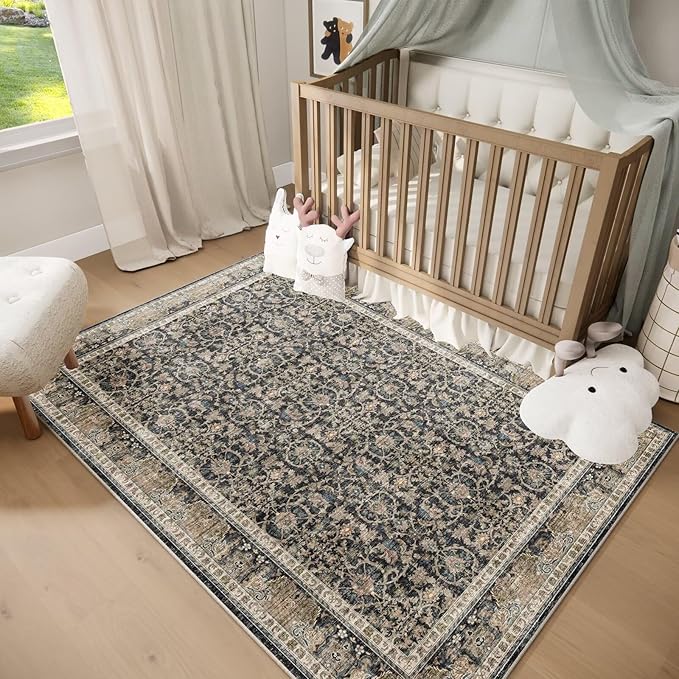 Washable 5x7 Area Rugs for Living Room, Boho Non-Slip Vintage Distress Rugs for Bedroom Dining Room Nursery Office, 0.3" Neutral Oriental Throw Thin Carpet with Cushioning Pad, Black/Brown/Blue/Multi