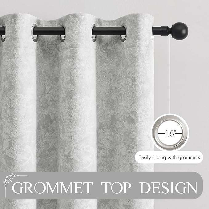 Beauoop Grey Floral Jacquard Blackout Curtains 96 Inches Long 2 Panels for Bedroom Living Room Gray Flower Chenille Room Darkening Thermal Insulated Soundproof Grommet Window Treatments Drapes, 52x96