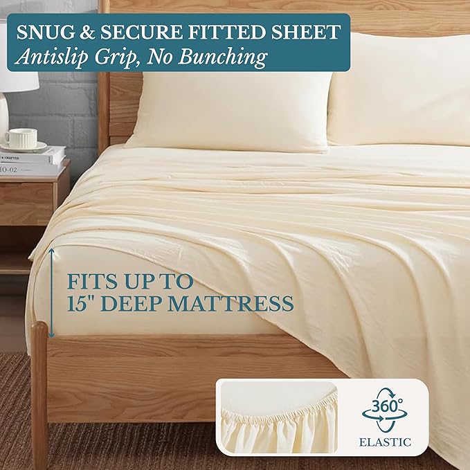 Casa Platino Full Size Sheets, 4 Piece Set (Flat, Fitted and 2 Pillowcases), Pre-Washed Ultra Soft Bed Set, Fade Resistant Full Bed Sheet Set, Cozy Set with Deep Pockets – Ivory