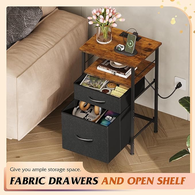 WLIVE Nightstands Set of 2, Night Stand Set 2 with Charging Station, Bedside Tables for Bedroom, Side Table with 2 Fabric Drawers, Small Dresser, USB Ports and Outlets, Black and Rustic Brown
