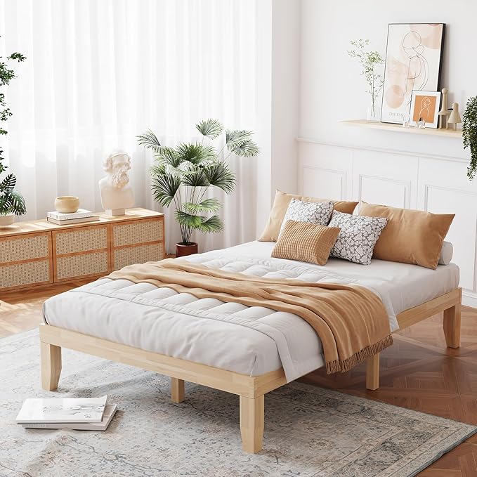 Giantex 14 Inch Full Wood Platform Bed Frame, Minimalist Style Mattress Foundation with Solid Rubber Wood, Heavy Duty Slat Support, Without Headboard, Easy Assembly, No Box Spring Needed, Natural
