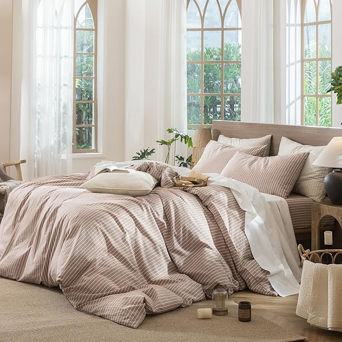 MooMee Striped Duvet Cover Set 100% Washed Cotton Linen Like Textured Breathable Durable Soft Comfy (Orange White Wide Stripes, Super Queen 90"x98")
