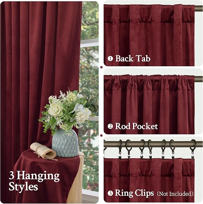 LAMIT Velvet Curtains 90 Inch for Theater, Burgundy Red Thermal Insulated Blackout Curtains for Living Room Darkening Back Tab and Rod Pocket Christmas Panels for Bedroom, 2 Panels, 52 x 90 Inch