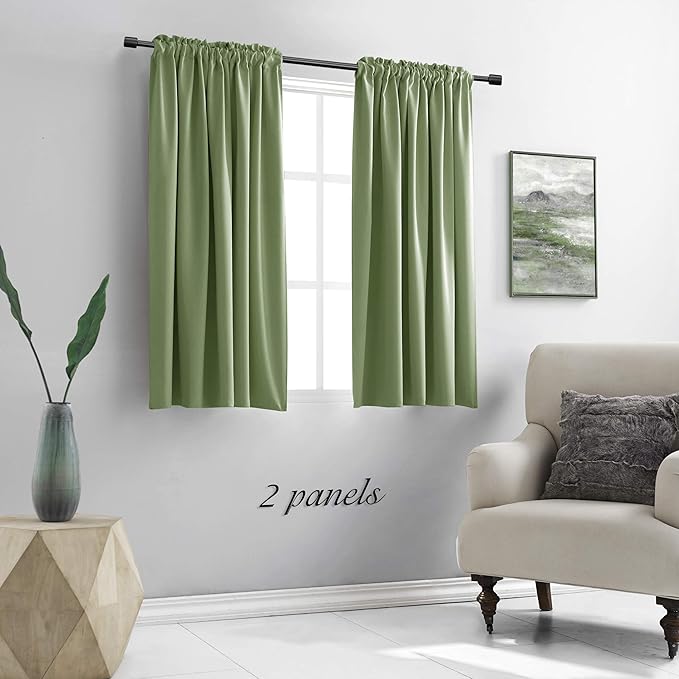 DONREN 48 Inch Length Sage Blackout Curtains for Bedroom - Small Window Treatment Rod Pocket Curtain Drapes (Set of 2 Panels,52 W x 48 L)