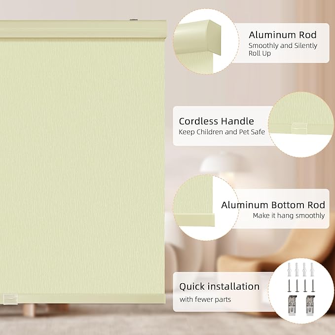 ChrisDowa Cordless Blackout Roller Shades for Windows, Striped Free-Stop Window Blinds with Privacy, Thermal Insulated Window Shades for Home, Office and Door. Beige, 28" W x 72" H