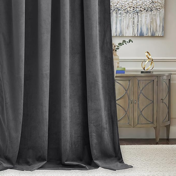 RYB Home Back Tabs Velvet Curtains for Living Room 108 inches - Classic Grey Window Drapes Room Darkening Thermal Insulated Panels for Bedroom Home Office, W52 x L108 inches, 2 Pieces
