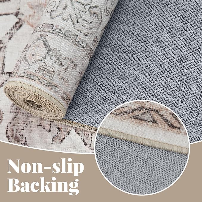 jinchan Lima Round Rug 7ft Vintage Machine Washable Area Rug Indoor Circle 7' Ultra-Thin Non-Slip Floral Print Carpet for Farmhouse Entryway Dining Room Living Room Bedroom Office (7'Round, Taupe)