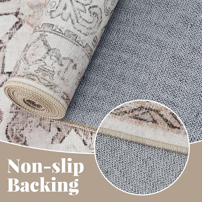 jinchan Lima 2x3 Entryway Washable Rug - Non-Slip Indoor Distressed Doormat Small Rug Low Pile Ultra-Thin Accent Floral Print Indoor Mat for Entrance Kitchen Bathroom Bedroom (2x3ft, Taupe)